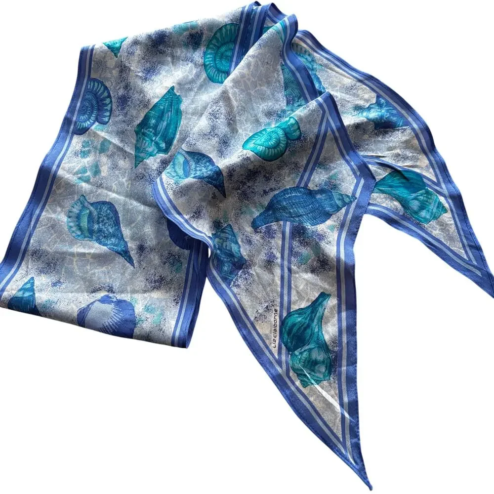 Vintage 80s Liz Claiborne blue silk scarf with pointy ends seashells beach theme